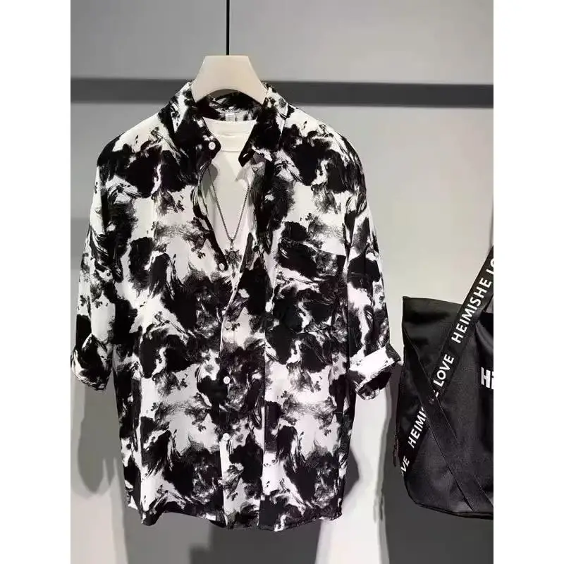 

Loose Ice Silk Men's ort Sve irt Tie Dye Spattered Ink Summer New Sle Youth Trendy Outerwear Top Button Closure