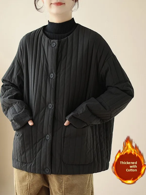 

Retro round Ne Thiened Winter Cotton Jaet Loose Fit Korean Sle plus Size Slimming Outerwear Fem Clothing