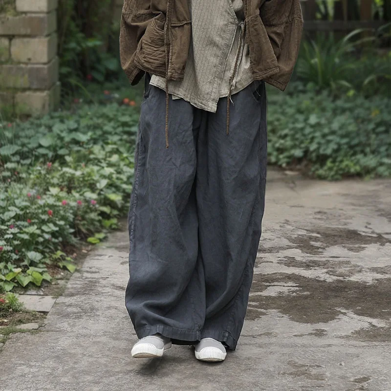 UMI MAO pantalon Femme printemps automne saison texturé coupe ample artistique lavé coton lin jambe large pantalons décontractés