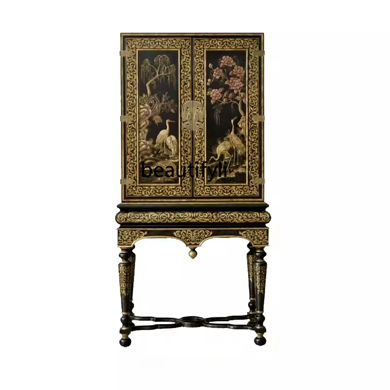 

French luxury tall decorative cabinet carved storage wine cabinet European retro painted bookcase