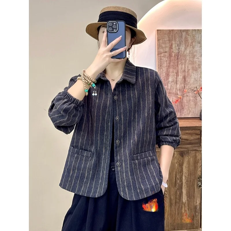 

Autumn Winter 2026 Striped Fce Lined Loose Women's Long Sve irt Outerwear plus Size Comfortable Warm Busin Casual