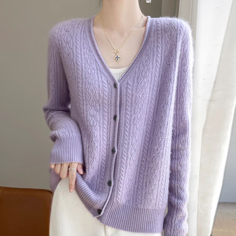 New V-neck 100% Merino wool cardigan Autumn/Winter hollow-out cashmere sweater Women\'s cardigan warm bottom knit shirt top