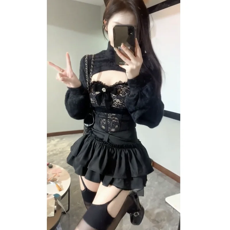 Pure Desire Sexy Vintage 3 Piece Set Women New Casual Y2k Retro Suit Female Long Sleeve Coat + Lace Strapless + High Waist Skirt