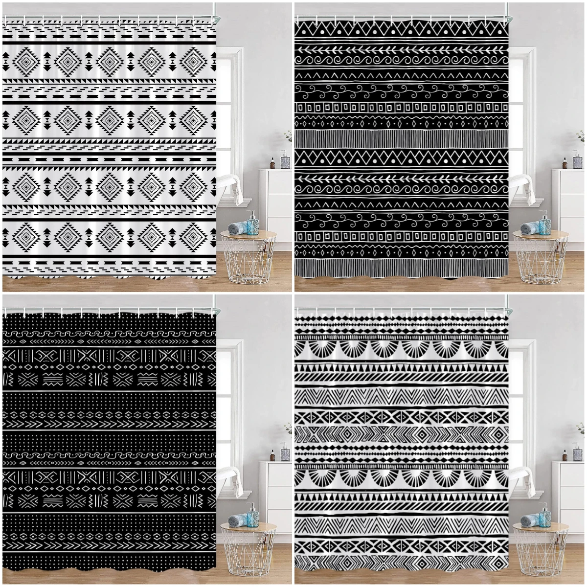 

Boho Mandala Shower Curtains Black and White Striped Pattern Astrology Retro Bath Decorations Vintage Bohemian Bathroom Curtain