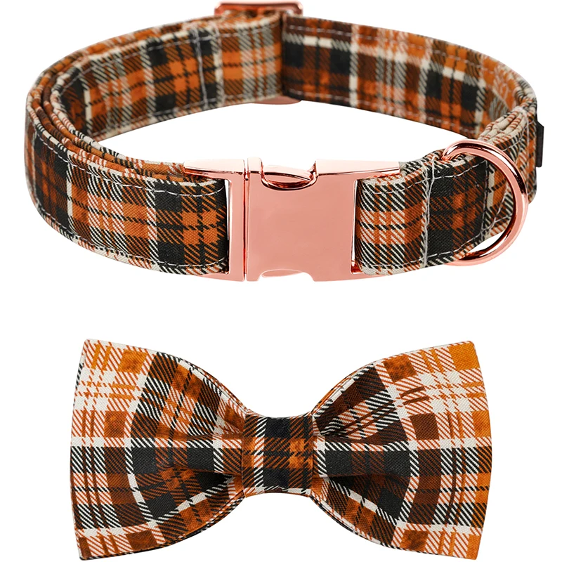 Personlized Unique Style Paws Fall Plaid Dog Collar with Bow Orange  Dog Collar and Flower Pet Dog Collar Large Medium Small Dog