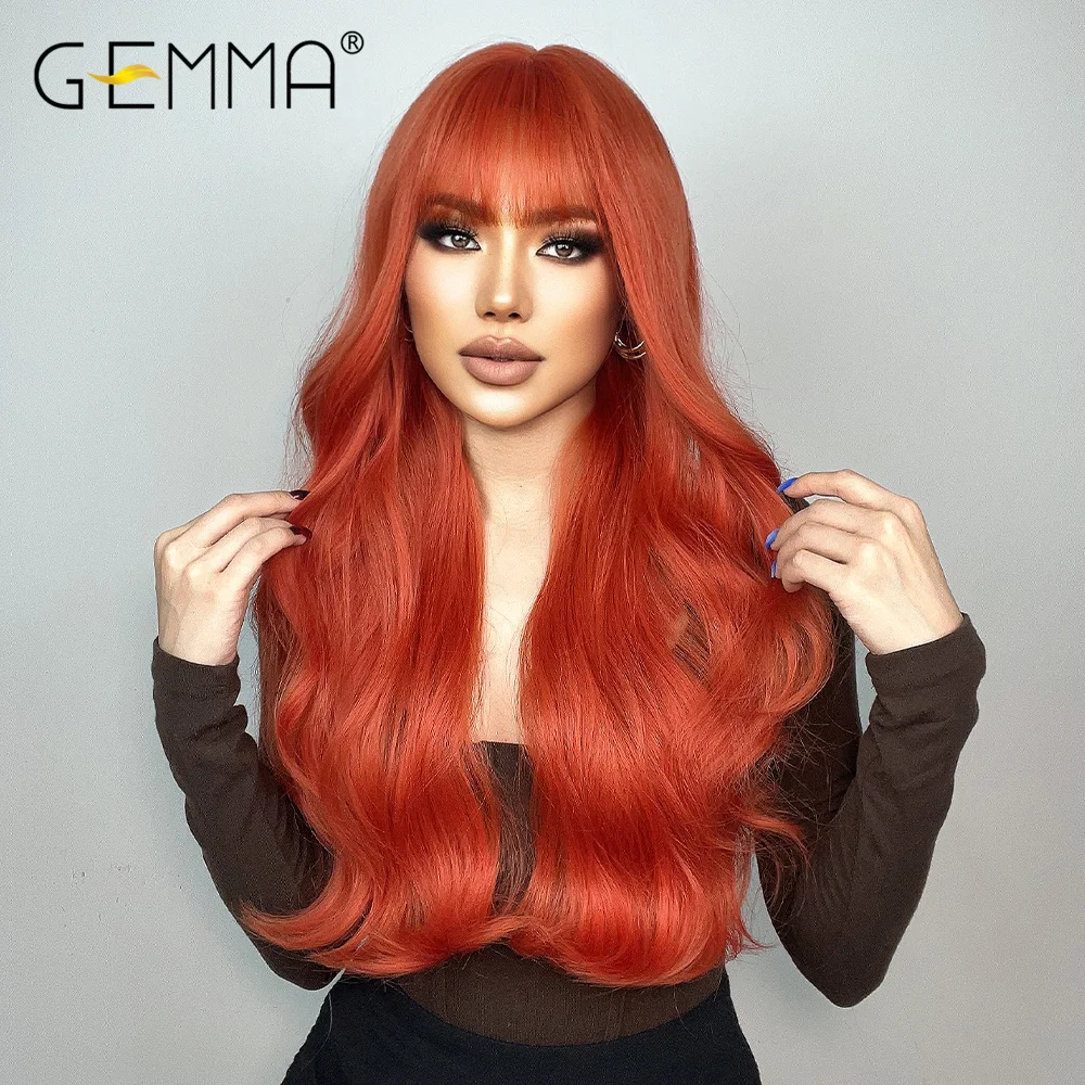 GEMMA Long Wavy Red Synthetic Wigs for Women Natural Cosplay Daily Ginger Wigs with Bangs Heat Resistant Fiber Fake Hair