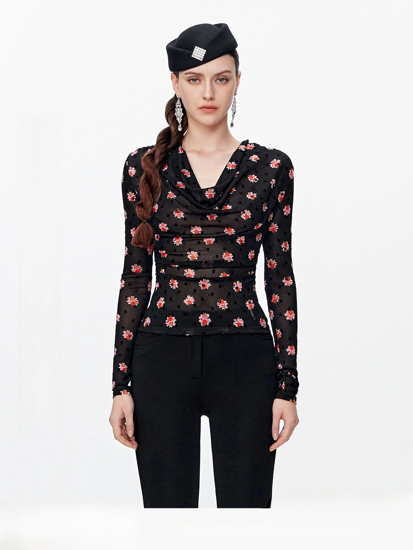 

ROCHAROMMA Summer New V-neck Flower Print Slim Fit Long Sleeve Base Shirt Elegant Style Women's T-shirt Casual Fashion