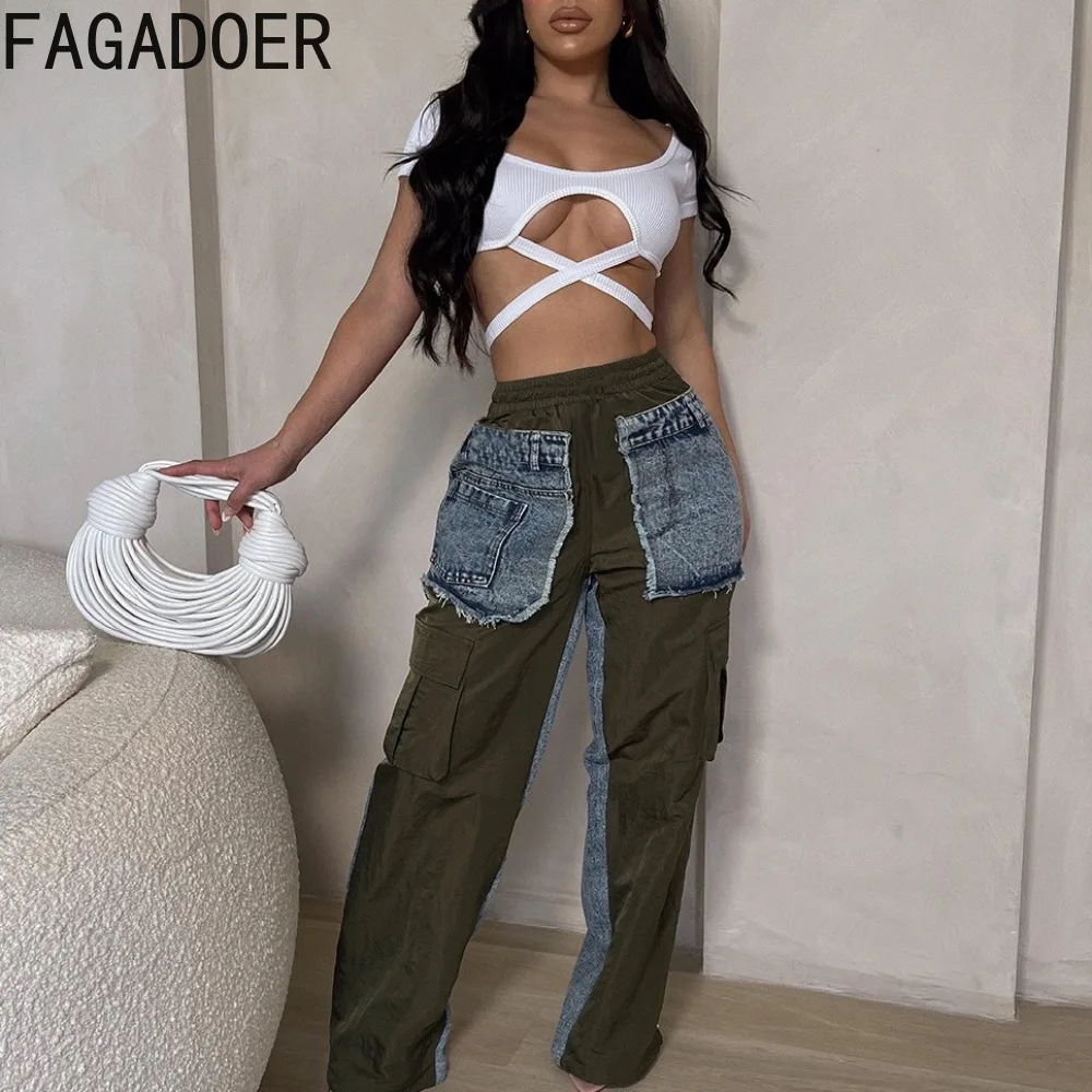 FAGADOER Fashion Streetwear Women Elastic High Waist Denim Splicing Pocket Straight Pants Casual Female Y2K Trend Trousers 2024