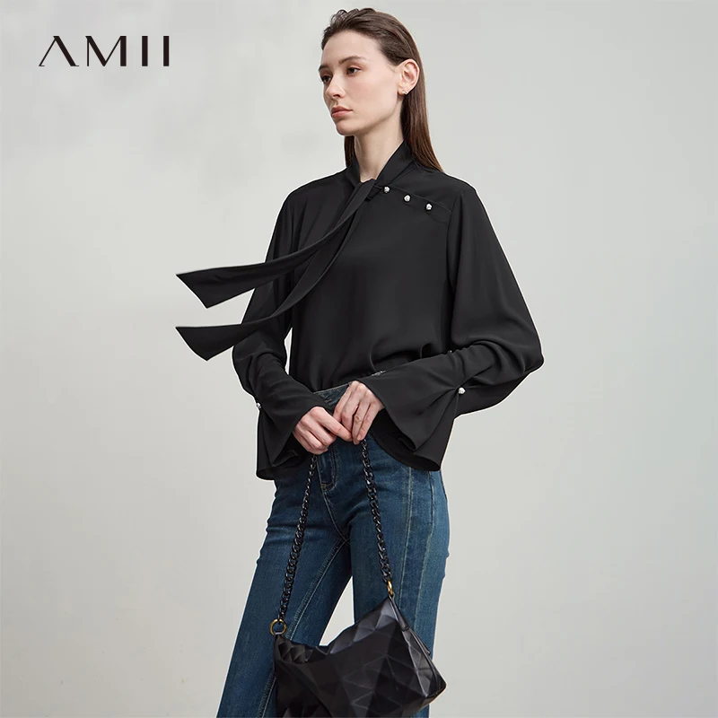 

Блузки AMII для женщин Minimalis 2025, осенняя рубашка с лацканами, пуловер, свободная расклешенная шифоновая рубашка с длинными рукавами 12523026