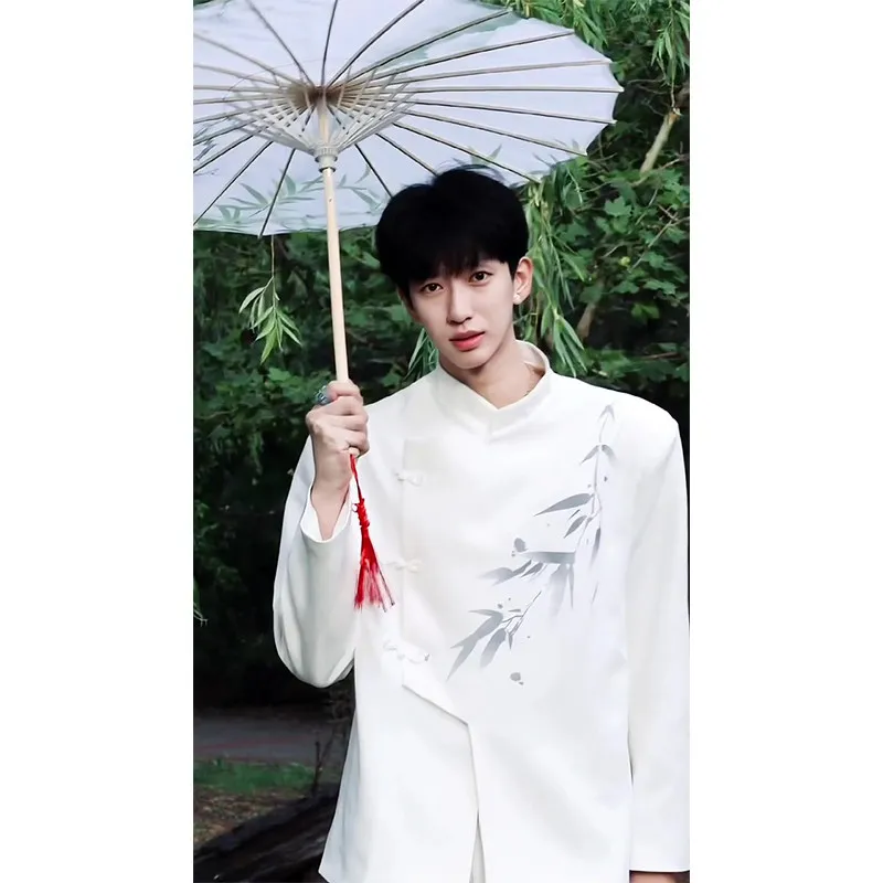 

New Chinese Style Men's Slim Fit Suit Jacket Thin Summer Stand Collar Bamboo Leaf Pattern Han Su Pad Shoulder Tang Costume