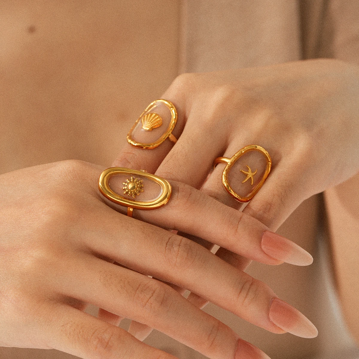 황차오 오벌 18k 금도금 스테인리스 스틸 반지 럭셔리 오션 스타일 주얼리 럭셔리 참 주얼리 액세서리 여성용 선물