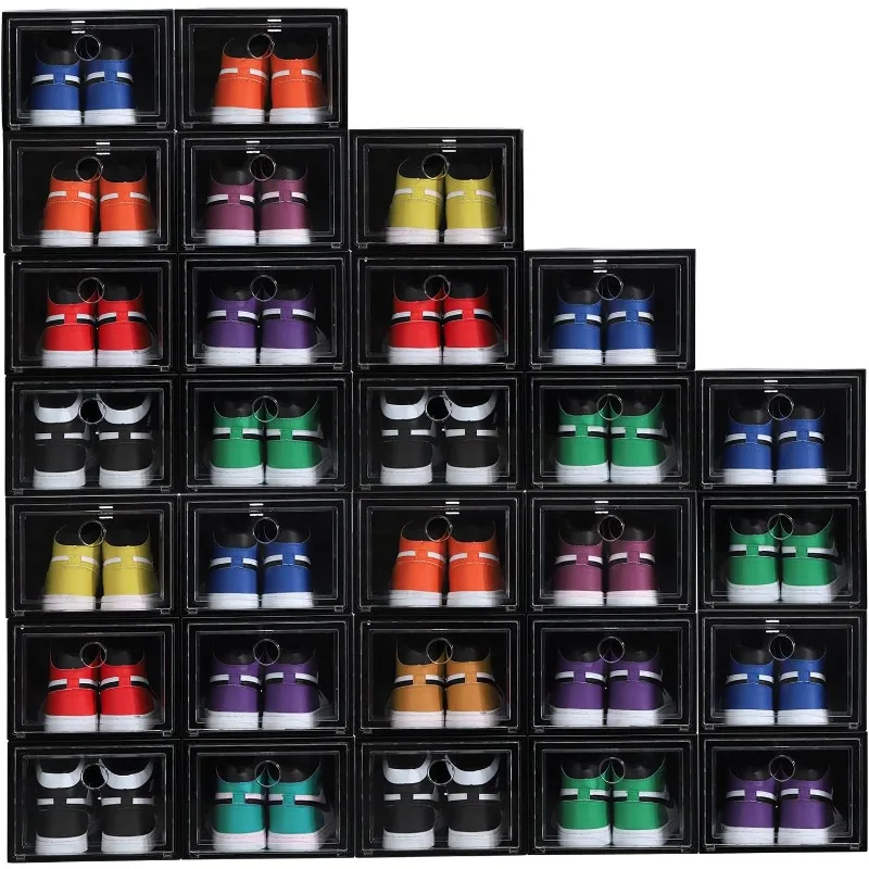 

12 Pack Shoe Storage Box Clear Plastic Stackable Drop Front Organizer Space Saving Foldable Container Bin Fit up to US