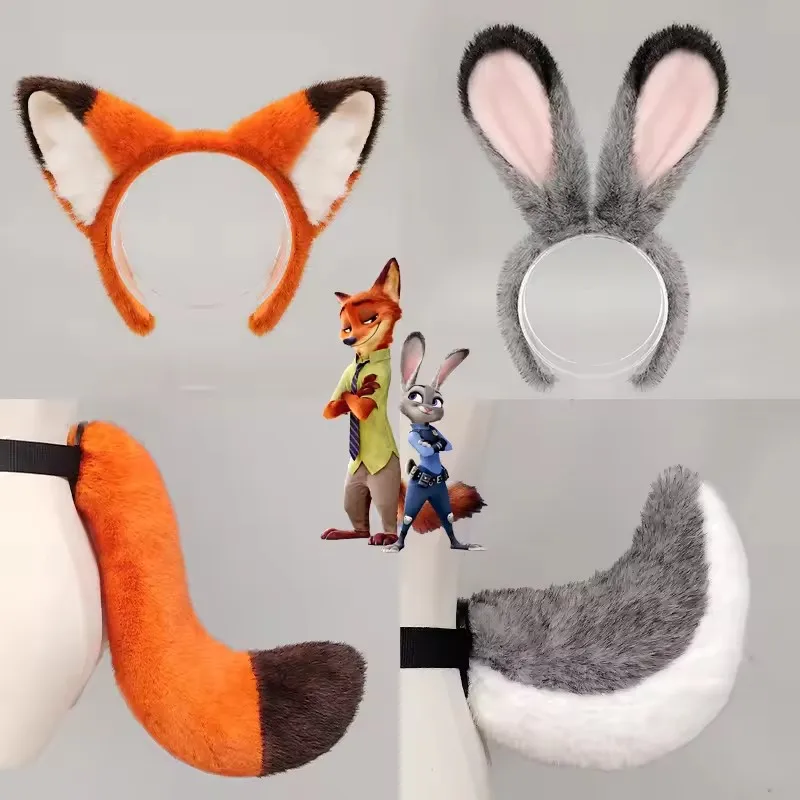 Judy Nick Cos Tierkopfband mit Hasen- und Fuchsohren und -schwanz, Cosplay-Spielzeug, Bühnenkostüm-Set für Erwachsene, Karnevalskostüm, Geburtstagsgeschenke