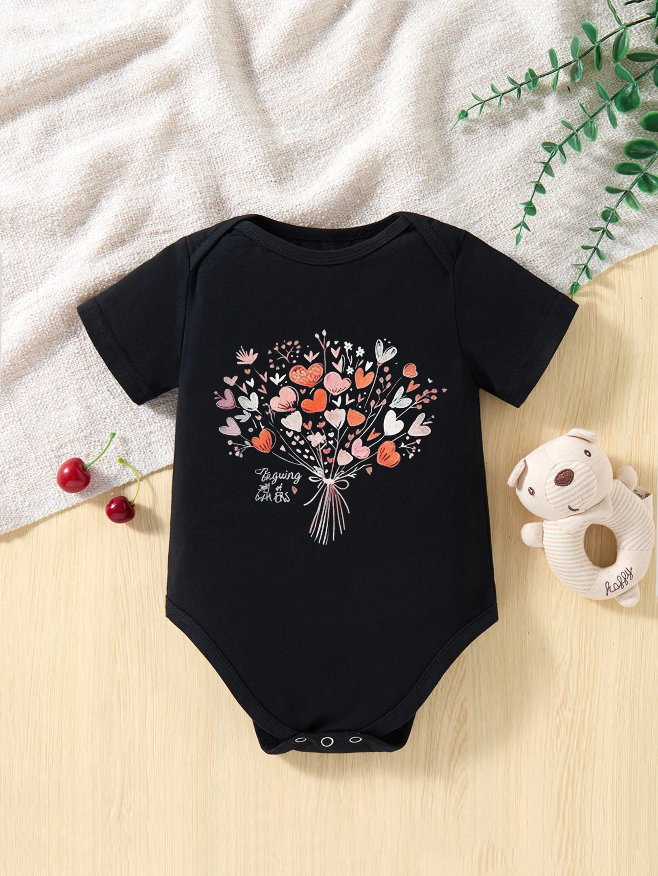

Baby Bodysuit Short Sleeve Colorful Heart Bouquet with Lovingly Yours Text Floral Design for Newborn Boys and Girls