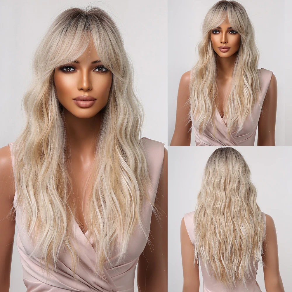 JONRENAU Synthetic Wavy Blonde Platinum Wigs For Women With Bangs Ombre Dark Long Wave Wig Party Daily Heat Resistant Fibre Hair