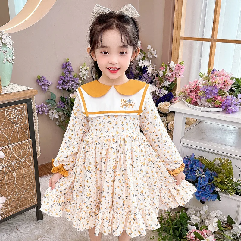 

Girls 2023 Spring Long Sleeve Letter Navy Collar Floral Princess Dress Short Daily Sweet Cotton Lining Pastoral Casual Dress