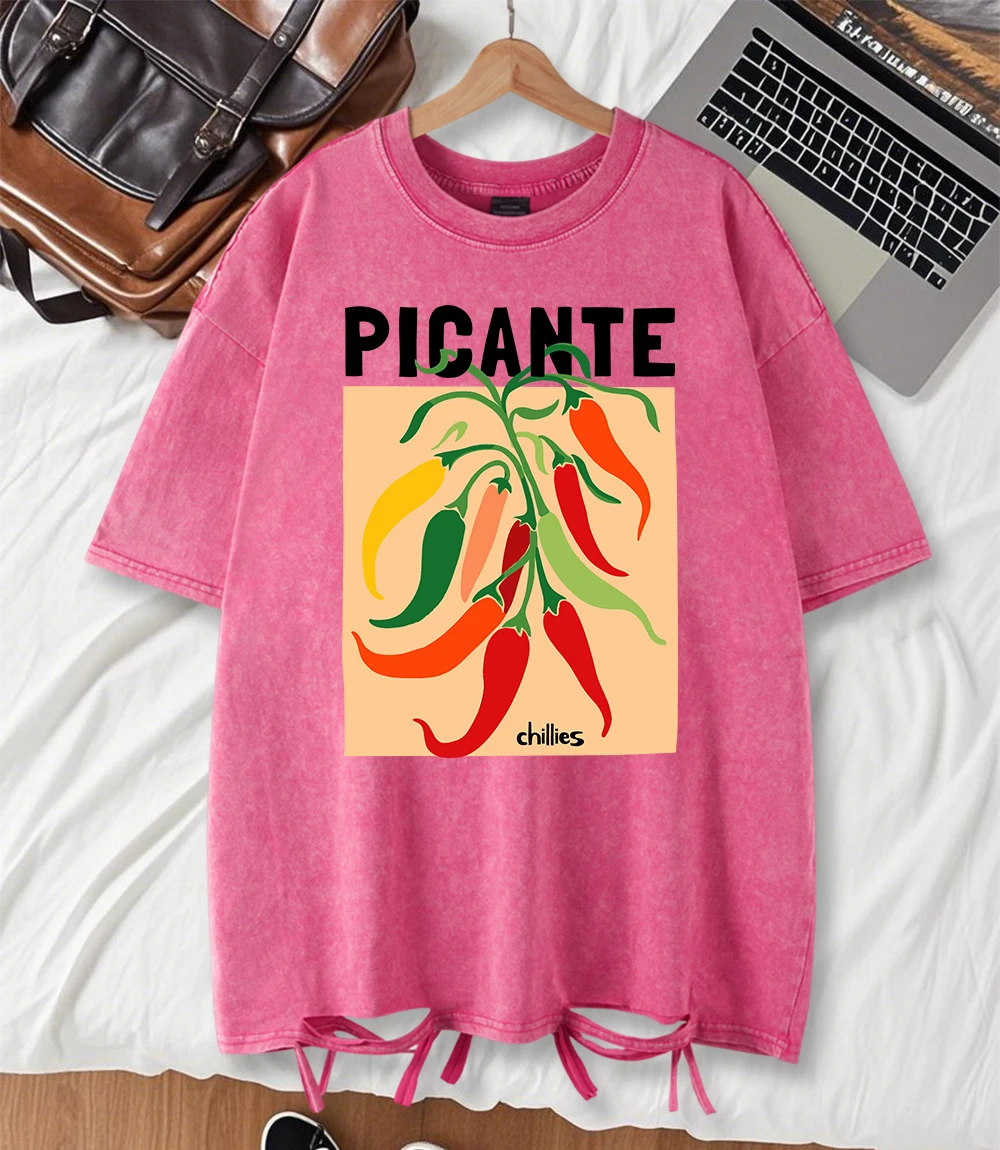 

Picante Chillies Print Washed Holes T Shirts Women Cotton Hip Hop T-Shirt Soft Oversized Clothes Summer Crewneck Streetwear