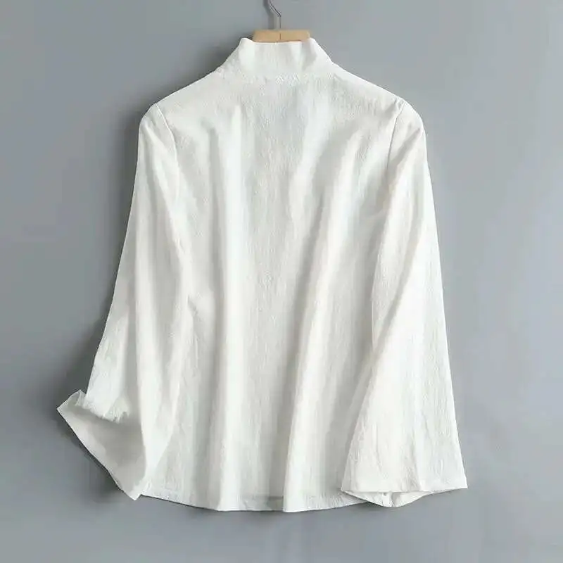 Oversized 100% Cotton Hanfu Long Flared Sleeves Cross-tie Ties Shirt Chinese Vintage Hanfu Top Lining White Women Plus Size 2XL