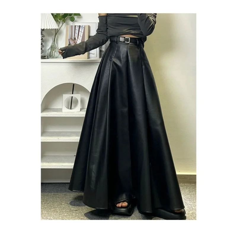 

Pu Leather Skirt Long Skirt for Tall Women with Big Swing Autumn and Winter New Belt High Waist A-line Skirt