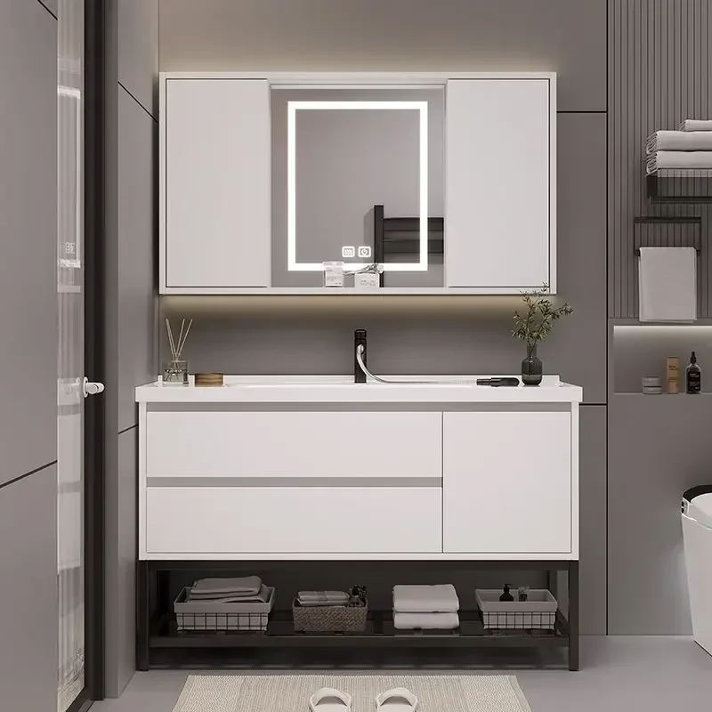 White Bathroom Vanity with Pure White Quartz Countertop & Backsplash, Center Rectangular Sink, 2 Soft Closing Drawers Door