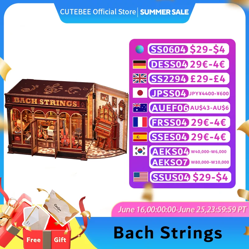 

CUTEBEE Book Nook Kit DIY Кукольный домик со светодиодной подсветкой Книжная полка Вставка Bach Strings Миниатюрная модель на день рождения Семейный подарок