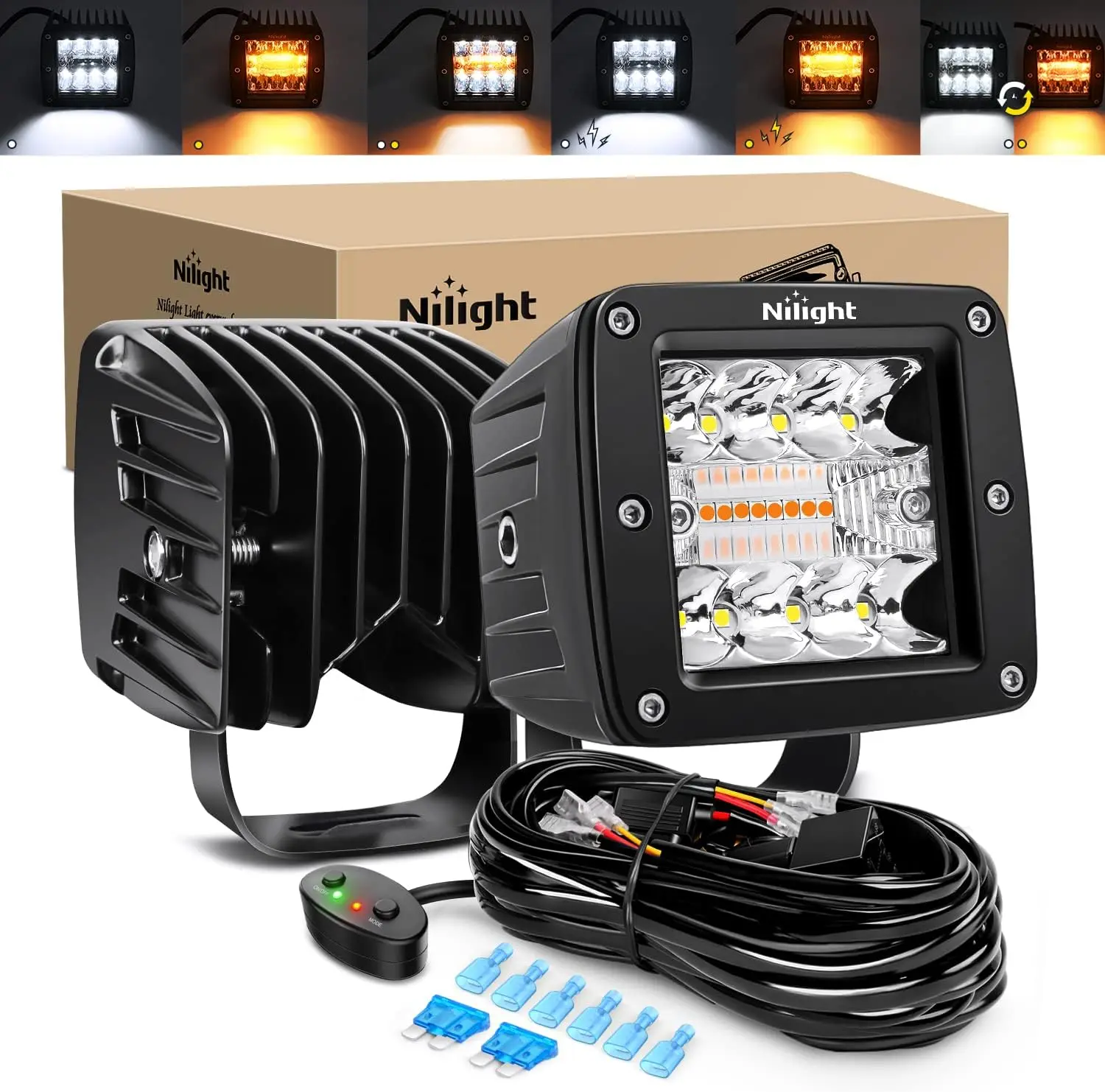 

Nilight 2PCS 42W Light Bar 3Inch Cube Pod Light Amber White Strobe 6 Modes Memory Function, Ideal for Fog & Snow Conditions, Off-Road Truck Car ATV Jeep Boat with 16AWG Wiring Harness Kit-2 Leads