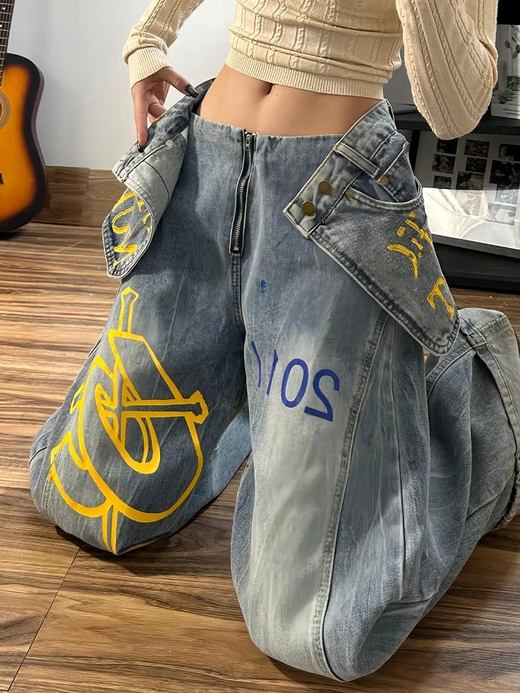 

American Style High Waist Wide Leg Jeans Women's Loose Fit Washed Letter Print Double Waist Design Autumn Fashion plus Size