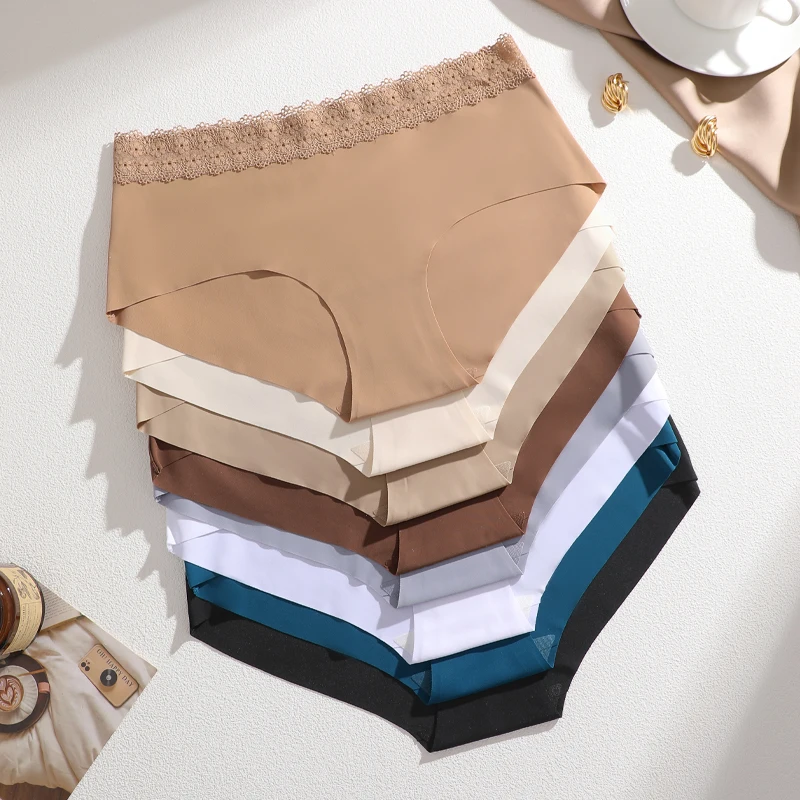 5PCS S-XXL Seamless High Waist Underwear Women's Lace Patchwork Solid Color Panties Sexy Stretchy Trendy Briefs Ladies Lingerie