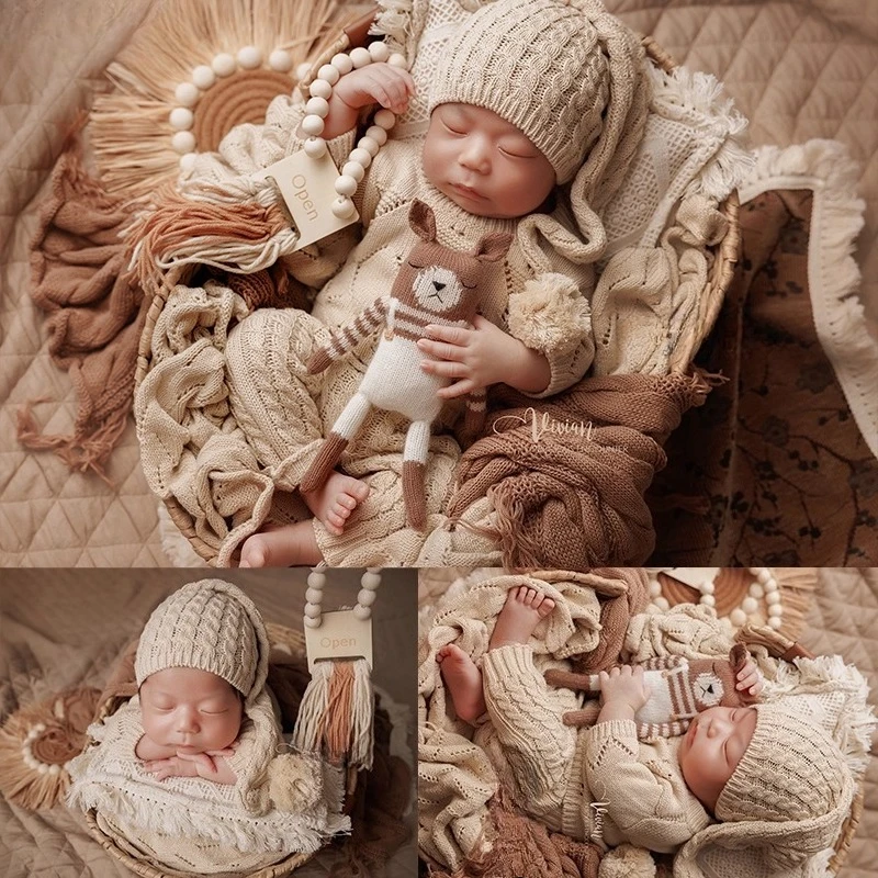 Puntelli per fotografia neonato Vestiti lavorati a maglia per bambini Tappetino rotondo Coperta con nappe nordiche Set di cestini in rattan per servizio fotografico in studio