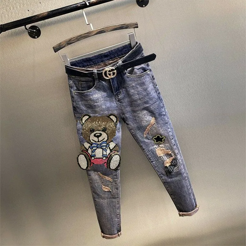 

Женские узкие джинсы с высокой талией, украшенные стразами, с мультяшным дизайном, облегающие длинные брюки-карандаш, модный тренд весны 2023 года