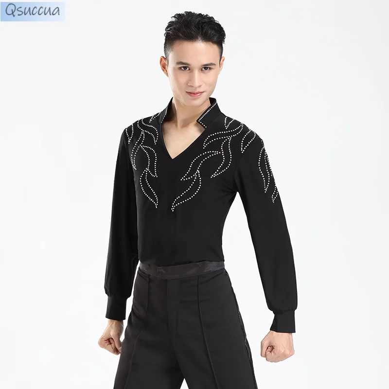 

Male Shirts New Latin Dance Tops Black 3D V-Neck Hot Diamond Crystal Cotton Dance Wear Dancewear Top