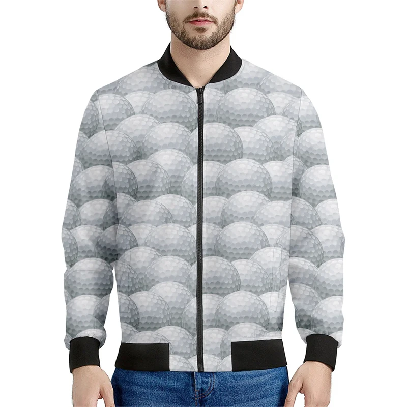 Casual Golf Ball Pattern Mens Jacket Spring Autumn Long Sleeve Outdoor Sports 3D Printed Bomber Jackets Loose Streetwear Coat