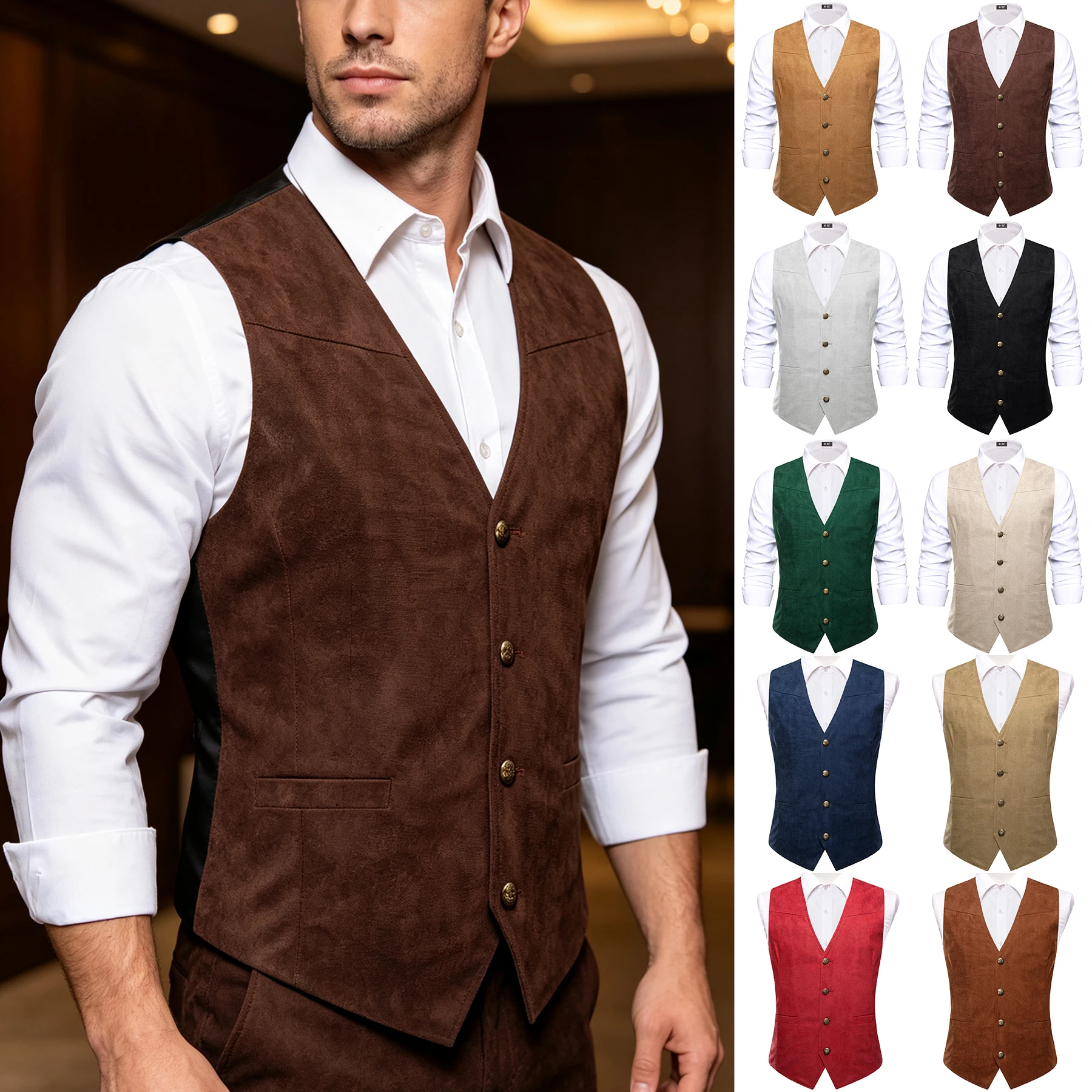 Men's Vintage Brown Black and Green Suede V-Neck Suit Vest Single Piece Accessories Not Included Suitable for Weddings Evening