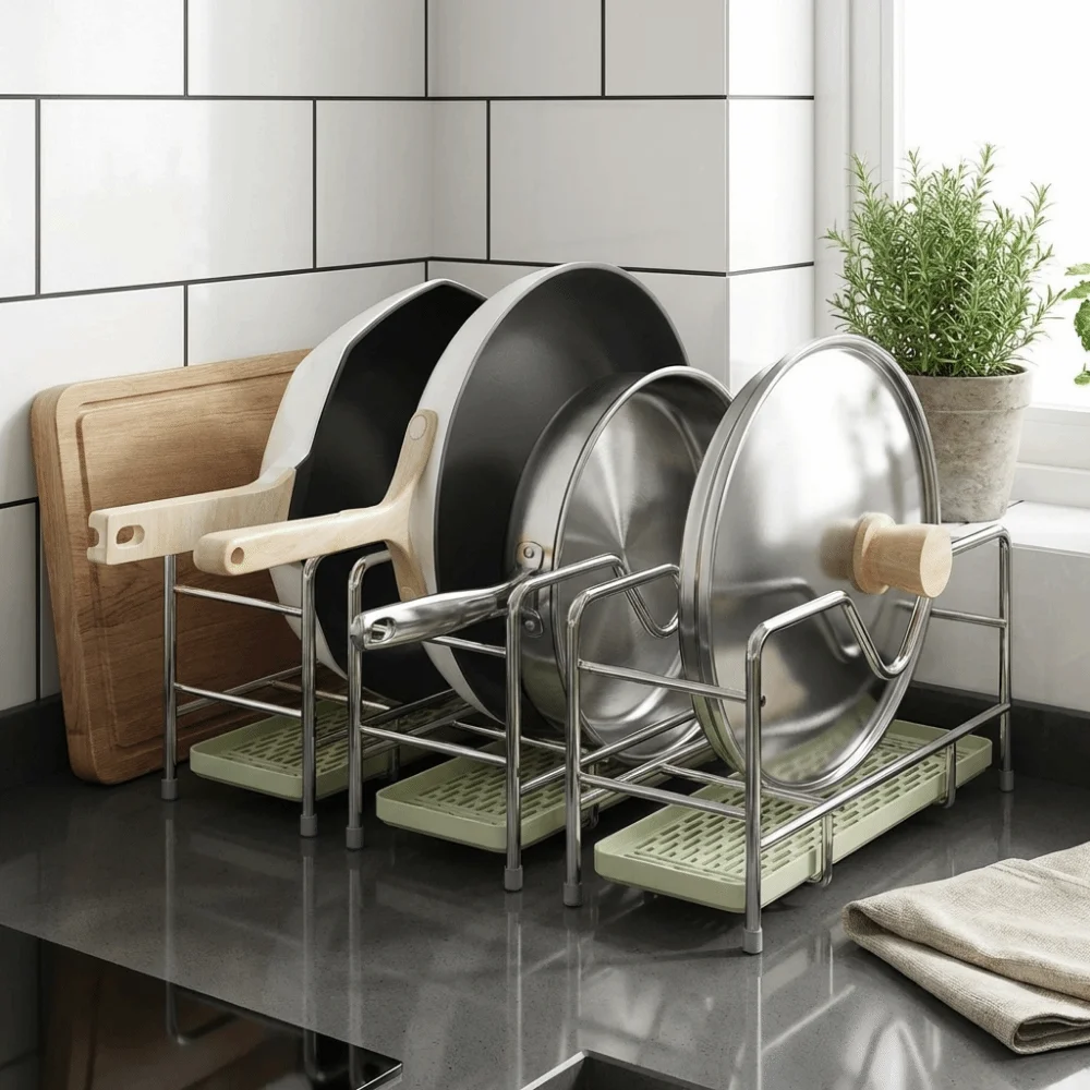 

Подставка для хранения кухонной утвари из нержавеющей стали, нержавеющая, экономит место, держатель для крышек кастрюль и сковородок с дренажным поддоном, держатель для разделочных досок, для шкафа