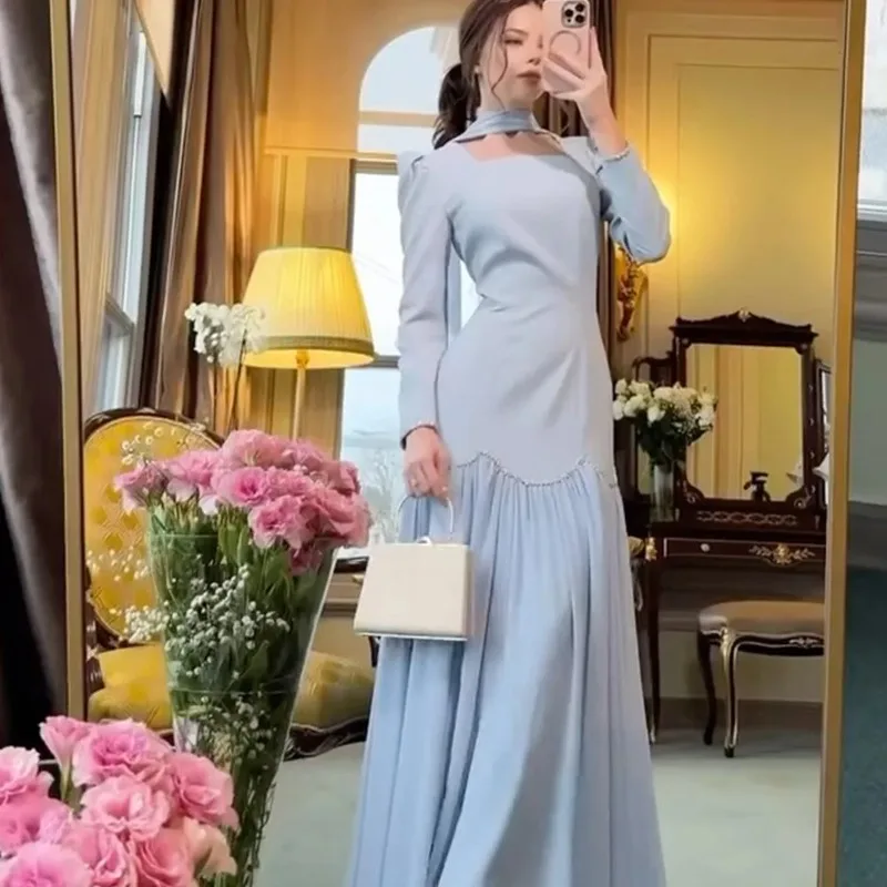 

Spring new hand-stitched diamond-embellished ribbon design long-sleeved ladies' slim-fit dress