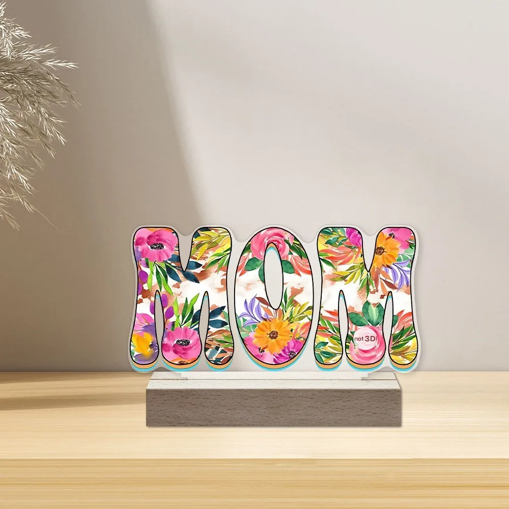 

2D Flat Mother's Day Sign Ornaments Waterproof Wear Resistant MOM Tabletop Sign Acrylic Love Flowers Ornament Home Office Decor