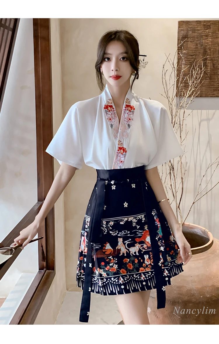 Short Horse-Face Skirt Suit Women\'s 2 Piece Set 2024 New Summer Embroidered Blouse Chinese Style Improved Hanfu Skirt Outfits