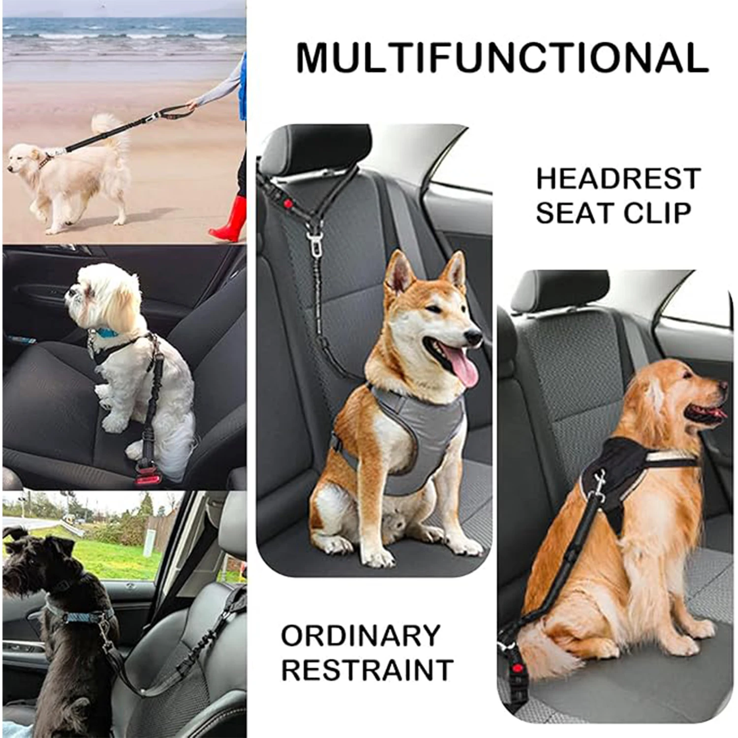 Dual-Use Reflective Dog Car Seat Belt, Adjustable Safety Leash with Shock Absorption view 4