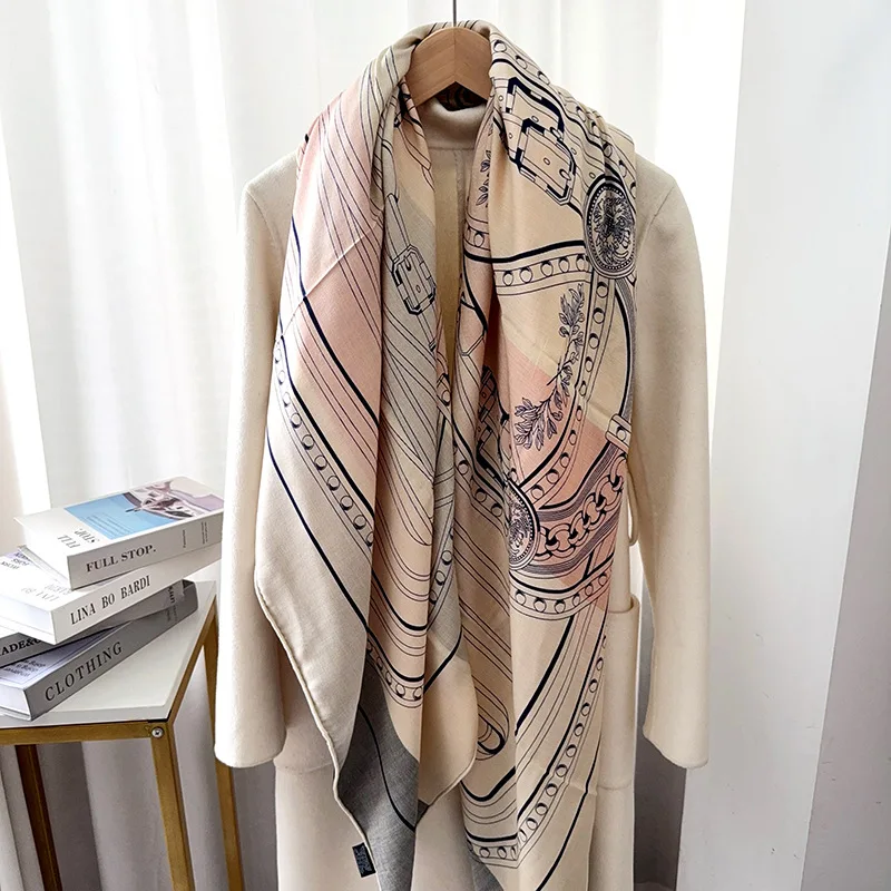 Bufanda de invierno con estampado de doble cara, pañuelos grandes cuadrados, bufandas con bordes enrollados a mano, accesorios para bolsos de ropa de mujer, regalo para amantes de Navidad