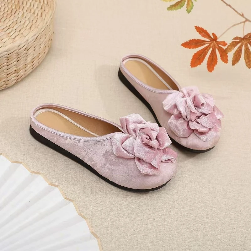 Women Chinese Style Flower Closed Toe Slippers Summer New Soft Sole Non Slip Home Slippers Outdoor Lightweight Half Slippers