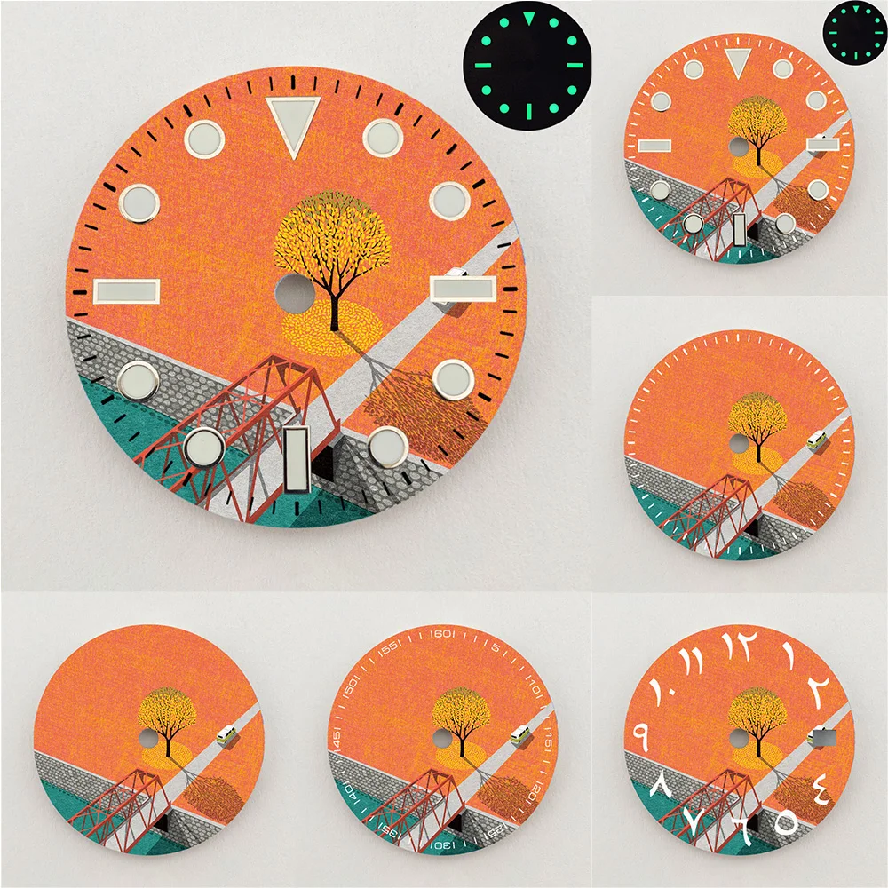 28.5mm NH35 Dial Autumn Tree Bridge Scenery Dial Luminous Dial Colorful NH36 Dial Watch Accessories Fits NH35/NH36 Movements