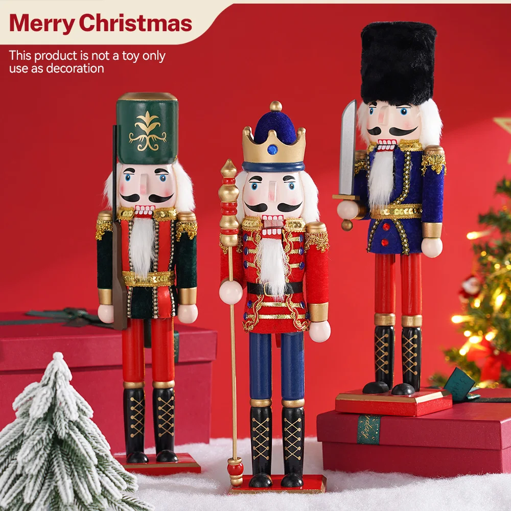 38cm Christmas Decoration Large Wooden Nutcracker Soldier Doll Tabletop New Year Gift Xmas Statuette Toy European Style Ornament