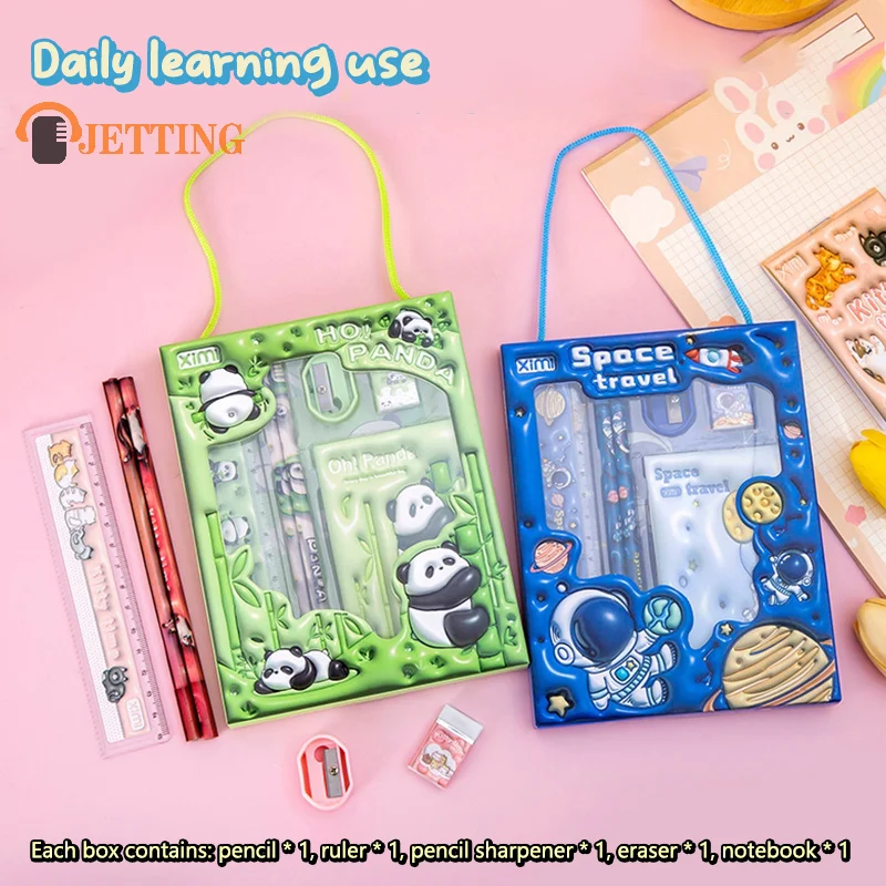 Cartoon Handheld Stationary Set Panda Pencil Dragon Eraser Astronaut Ruler Pencil Sharpener Cat Notebook W/Packaging Package