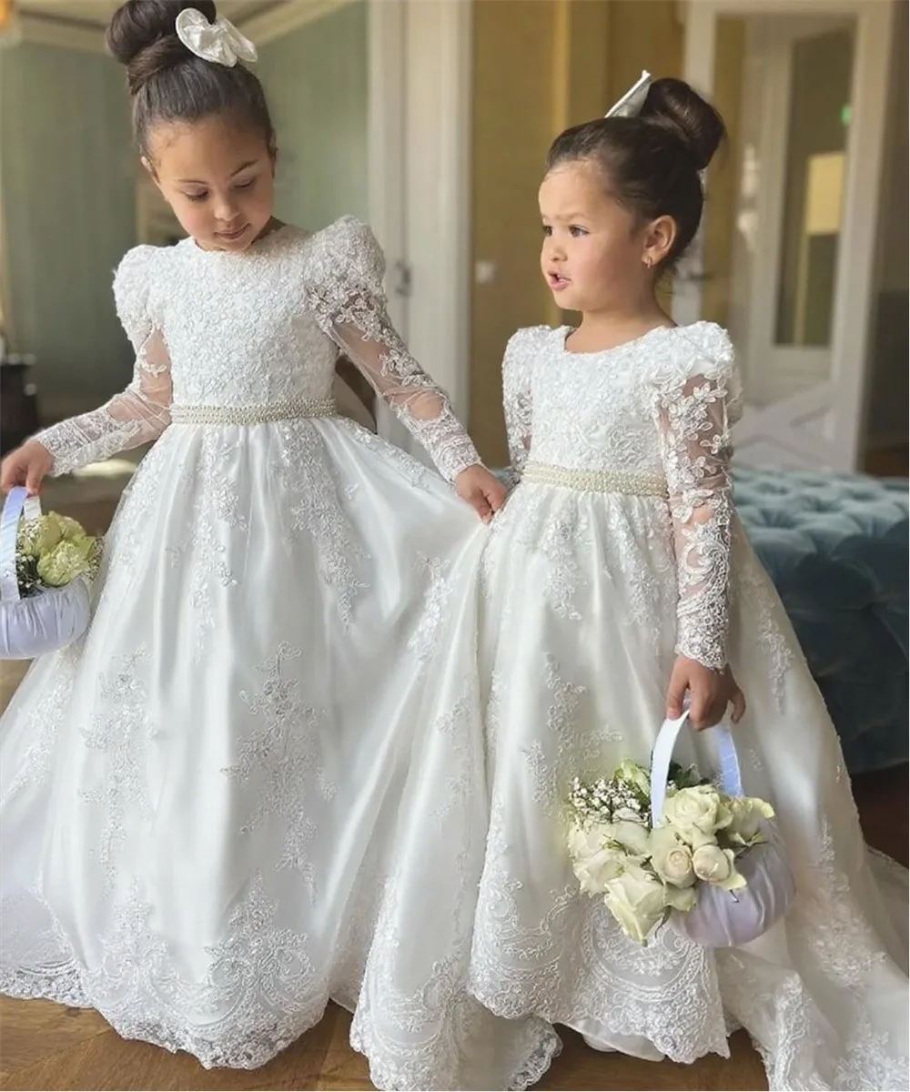 

Elegant White Flower Girl Wedding Dress Appliques Lace with Bow Girls Full Sleeves Birthday Party Communion Gown Customized