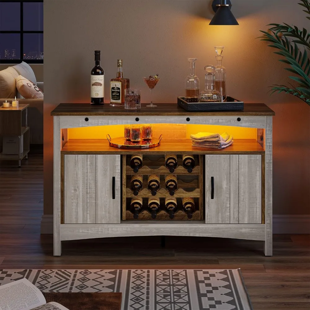 Armário de bar de vinho com rack de vinho removível, mesa de bar de fazenda com luzes LED e prateleiras ajustáveis, armário aparador