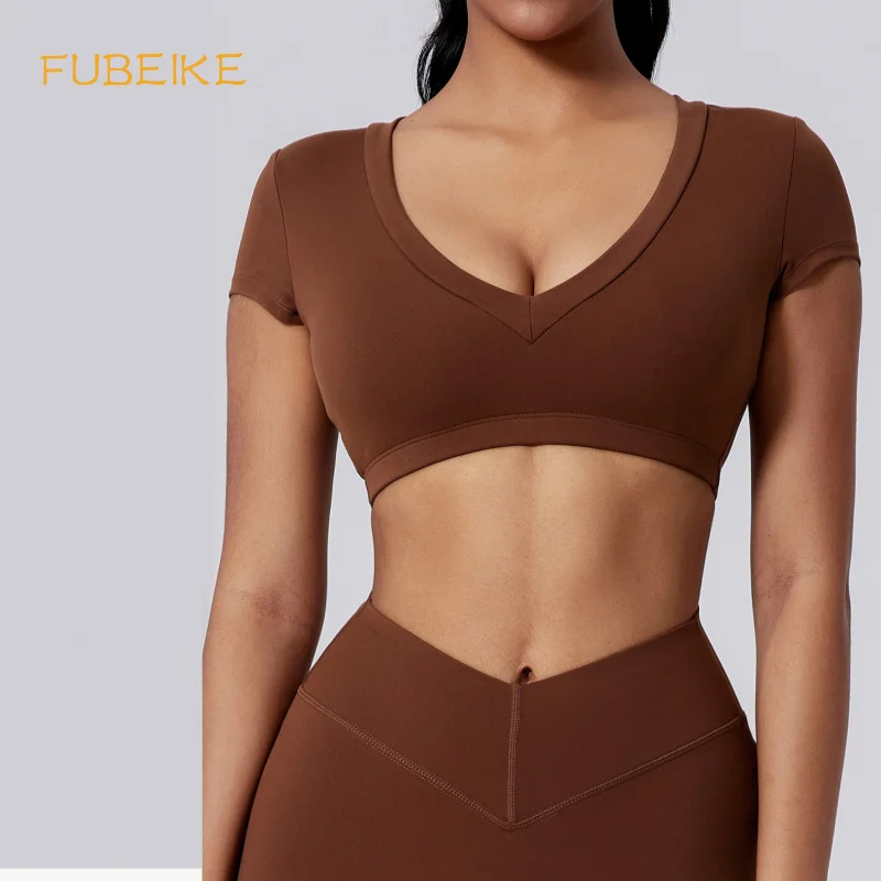 FUBEIKE Sportswear Woman Gym Tight T-shirt Deep V Shaping Back Hollow Sexy Short Waist-Exposing Sports Short Sleeve Outdoor