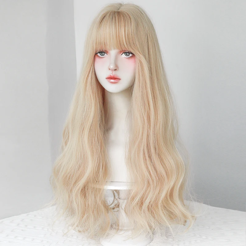 7JHH WIGS High Density Long Wave Blonde Wigs with Neat Bangs Heat Resistant Synthetic Wavy Hair Wig for Women Cospaly Lolita Wig