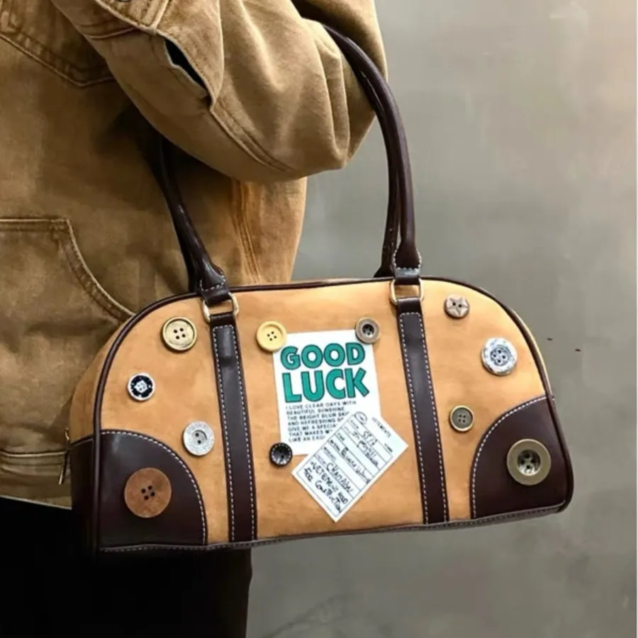 American England Style Good Luck Wooden Metal Button Bag Texture Velvet Handheld Bag Snaps Decoration School Student Bags Unisex