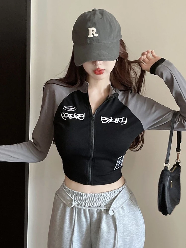 

Fashion Vintage High Street Zip Up Skinny Tees Y2K Vintage T-shirt Women Spring Long Sleeve O Neck Crop Top Korean Streetwear