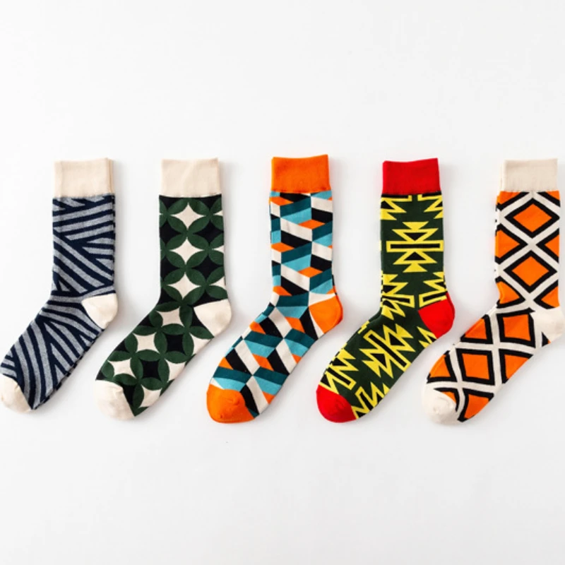 5 Pairs/Pack Socks Men Cotton Geometric Rhombus Stripe Harajuku Trendy Crew Skateboard Socks